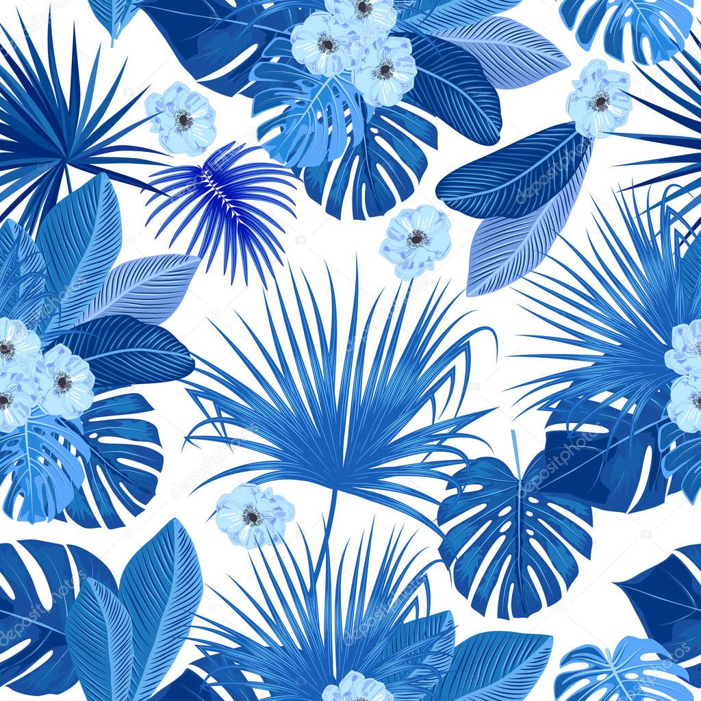Tropical jungle palm leaves vector seamless pattern, blue colors