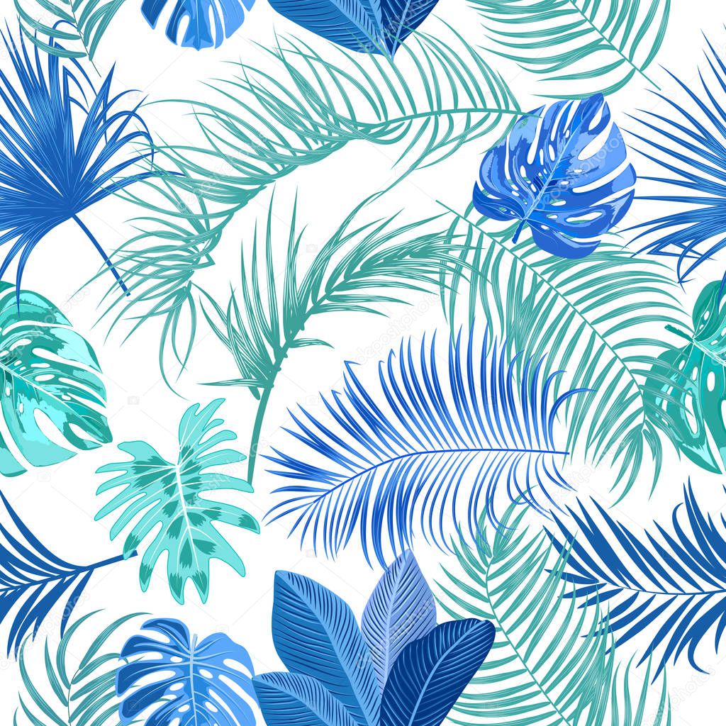 Tropical jungle palm leaves vector seamless pattern, blue and gr