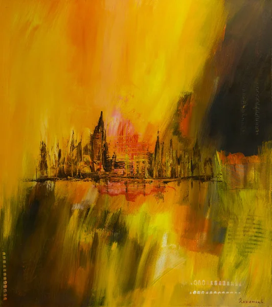 Abstract city. Creative background with abstract acrylic painting. Brushstrokes of paint. Modern art. Contemporary art.