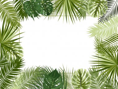 Palmiye ağaçları, çiçekler ve yaprakları ile Vektör tropikal orman çerçevesi