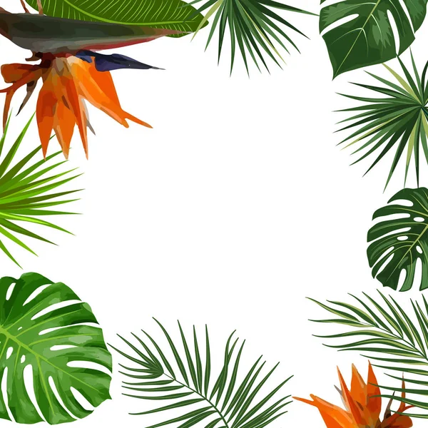 Quadro de selva tropical vetorial com palmeiras, flores e folhas — Vetor de Stock