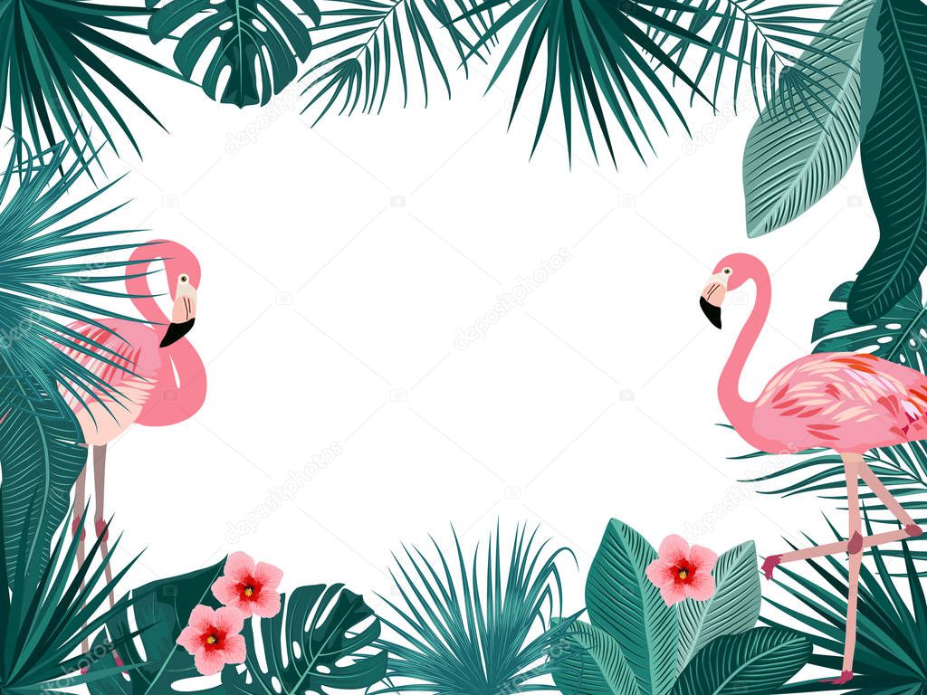 Vector tropical jungle frame with flamingo, palm trees, flowers 