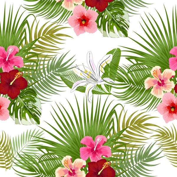 Patrón sin costura de selva tropical vectorial con flores, palmeras — Archivo Imágenes Vectoriales