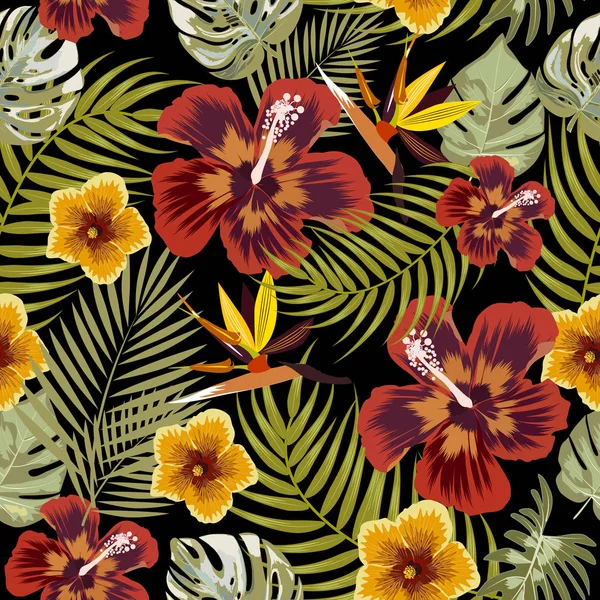 Patrón sin costura de selva tropical vectorial con flores, palmeras — Vector de stock