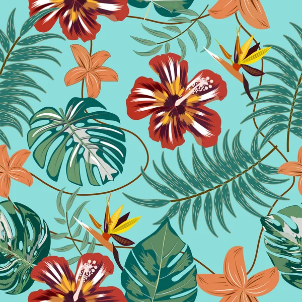 Vettoriale modello giungla tropicale senza soluzione di continuità con fiori, palme — Vettoriale Stock