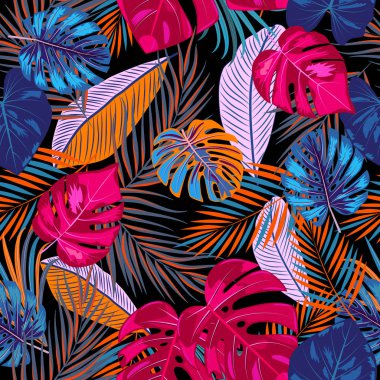 Palmiye ağacı yaprakları ile vektör tropikal orman Dikişsiz desen