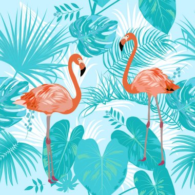 Tropikal vektör Dikişsiz desen, mavi dalları ve Flamingo. Bo