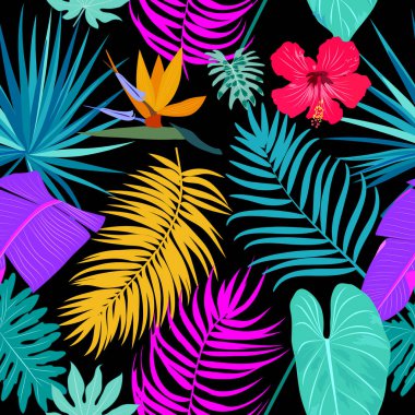 Palmiye ağacı yaprakları ile vektör tropikal orman Dikişsiz desen