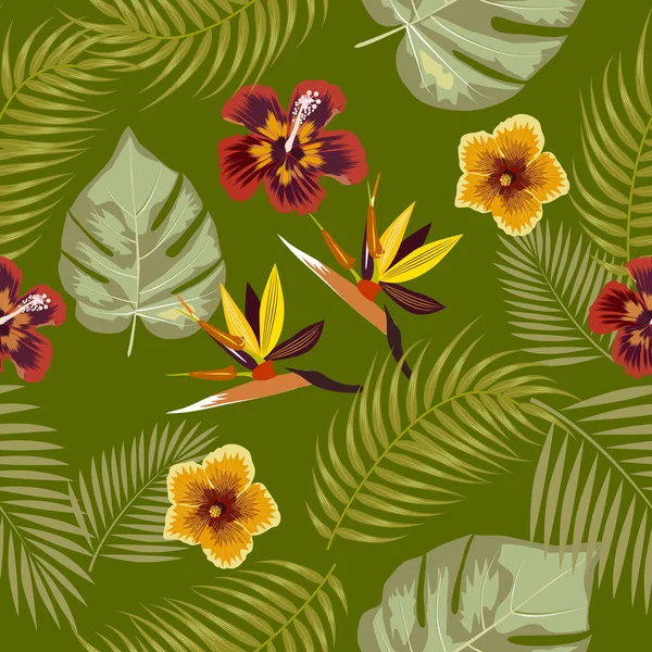 Векторний тропічний джунглі безшовний візерунок з квітами, пальмами — стоковий вектор