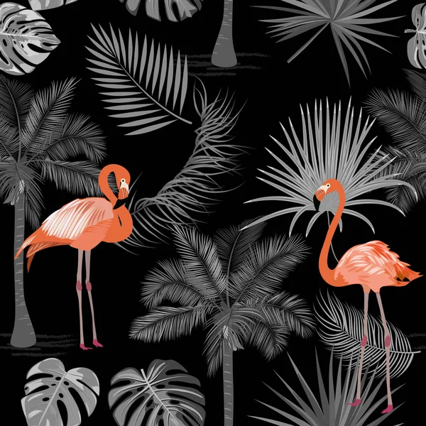 Vecteur jungle tropicale motif sans couture avec flamant rose, palmier — Image vectorielle