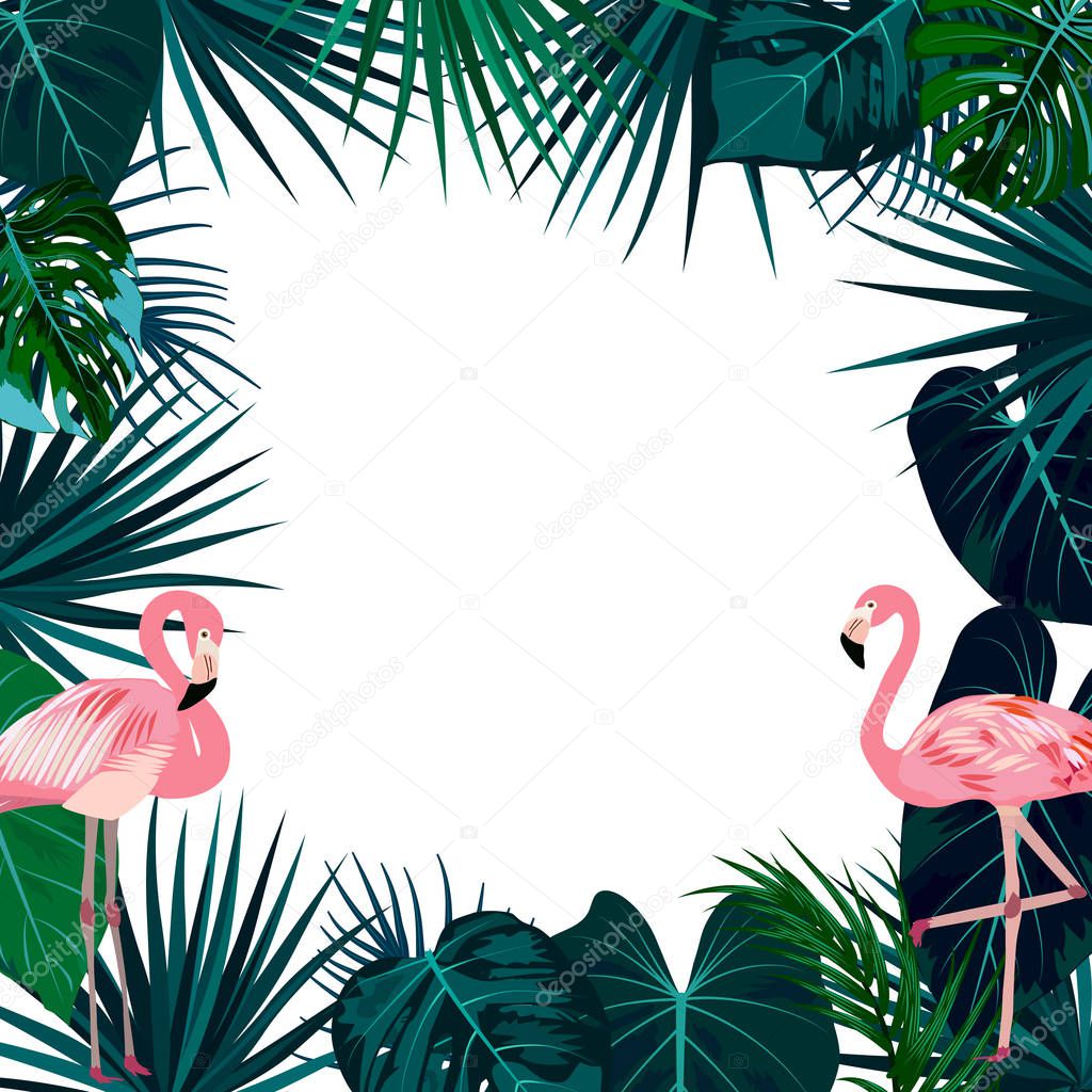 Vector tropical jungle frame with flamingo, palm trees, flowers 