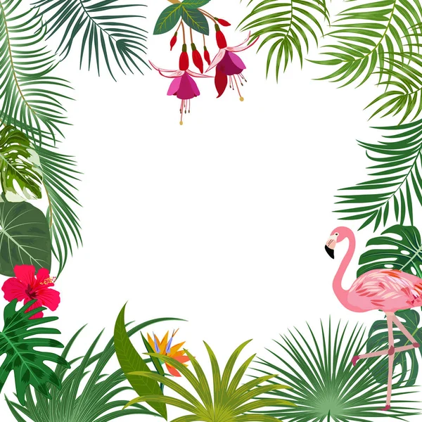 Bannière jungle tropicale vectorielle, cadre avec flamant rose, palmiers , — Image vectorielle