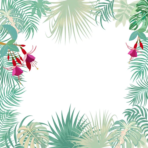 Vetor bandeira da selva tropical, quadro com palmeiras, flores e —  Vetores de Stock