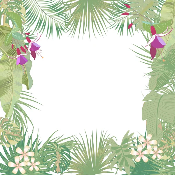 Bannière de jungle tropicale vectorielle, cadre avec palmiers, fleurs et — Image vectorielle
