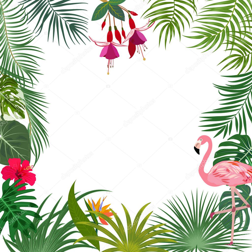 Vector tropical jungle banner, frame with flamingo, palm trees, 