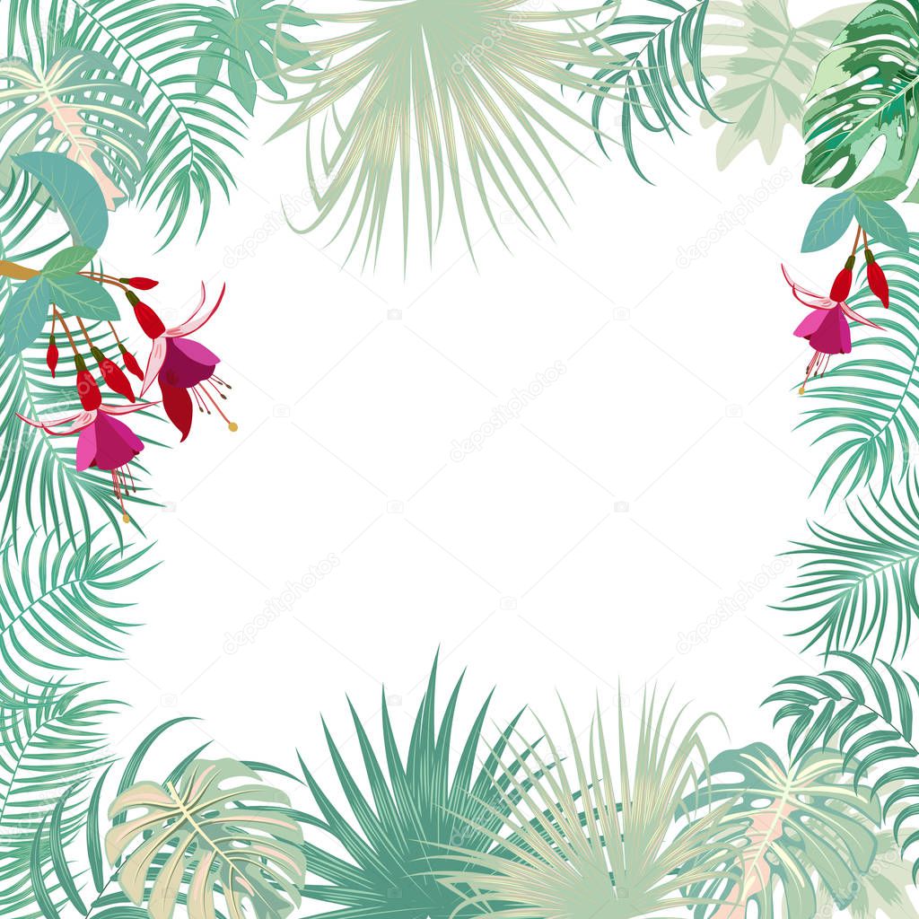 Vector tropical jungle banner, frame with palm trees, flowers an