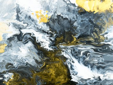 Siyah ve beyaz, altın sarısı, soyut el boyalı arka plan, mermer dokular, soyut okyanus, tuval üzerinde akrilik resim. Modern sanat. Çağdaş sanat.