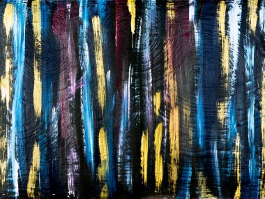 Renkli parlak çizgiler, siyah renkte fırça darbeleri, soyut el boyası arka plan, tuvalde akrilik boya. Modern sanat. Çağdaş sanat.