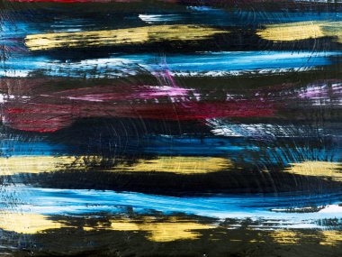 Renkli parlak çizgiler, siyah renkte fırça darbeleri, soyut el boyası arka plan, tuvalde akrilik boya. Modern sanat. Çağdaş sanat.