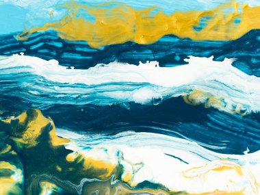 Soyut resim, mavi, altın rengi el boyası arka plan, mermer ve fırça dokusu, akrilik boya. Modern sanat. Çağdaş sanat.