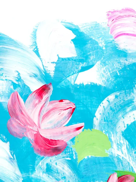 Flores Rosas Abstractas Sobre Azul Pintura Artística Fondo Pintado Mano —  Fotos de Stock