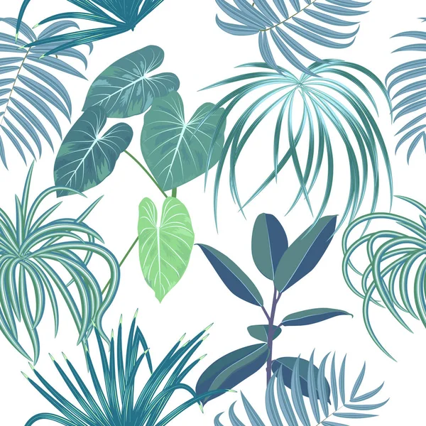 Seamless Pattern Tropical Jungle Palm Leaves Flowers Vector Background — Stock Vector