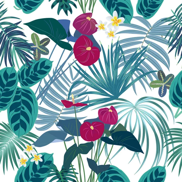 Patrón Inconsútil Hojas Flores Palma Selva Tropical Fondo Vectorial — Vector de stock