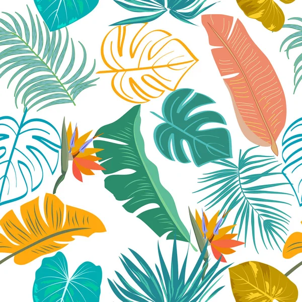 Nahtloses Muster Aus Tropischen Dschungelpalmenblättern Und Blüten Vektorhintergrund — Stockvektor