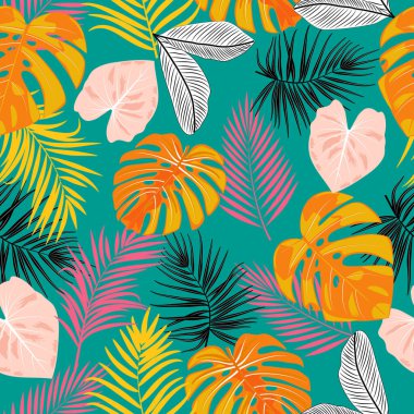 Kusursuz yaprak deseni canavar, tropikal palmiye yaprakları. Çoklu renk vektör arkaplanı.