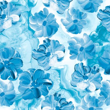 Soyut mavi çiçeklerin kusursuz deseni, orijinal el çizimi, izlenimcilik tarzı, renk dokusu, fırça darbeleri, sanat arkaplanı. Modern sanat.