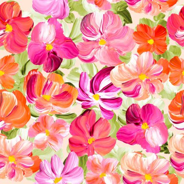 Kusursuz soyut çiçek deseni, orijinal el çizimi, izlenimcilik tarzı, renk dokusu, fırça darbeleri, sanat arkaplanı. Modern sanat.