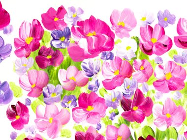 Mavi üzerine pembe ve mor soyut çiçekler, orijinal el çizimi, izlenimcilik stili, renk dokusu, fırça darbeleri, sanat arka planı. Modern sanat.