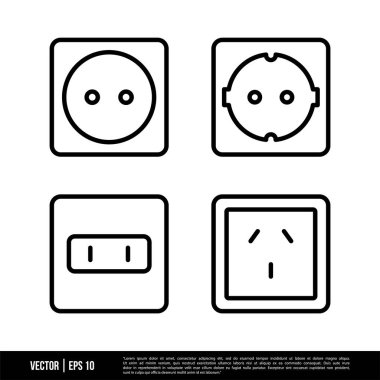 Beyaz arkaplanda izole edilmiş çıktı elektrik soketleri simgeleri kümesi, basit vektör illüstrasyonu