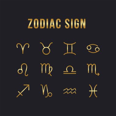 Siyah arkaplanda burç işaretleri kümesi, basit vektör illüstrasyonu