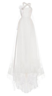 Lüks uzun güzel beyaz, Fildişi gelinlik, şifon, dantel ve parıltıyla, hayalet manken, kırpma, beyaz arka planda izole