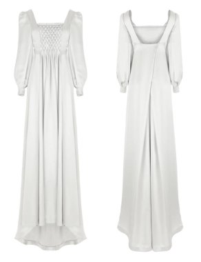 Lüks pahalı düğün uzun elbise, hassas beyaz renk, payetler, taş, pul ve dantel dekor, hayalet manken, ön ve arka görünüm, kırpma, izole üzerinde beyaz arka plan