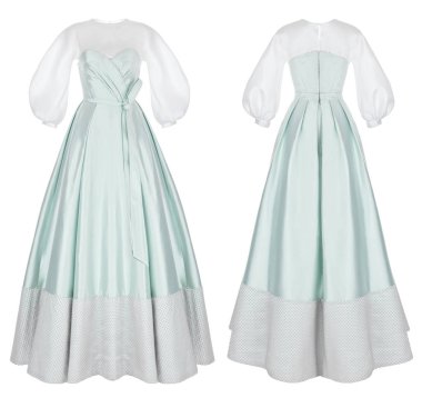 Lüks pahalı düğün uzun elbise, payetler, taş, pul ve dantel dekor, hassas Turkuaz rengi hayalet manken, ön ve arka görünüm, kırpma, izole üzerinde beyaz arka plan