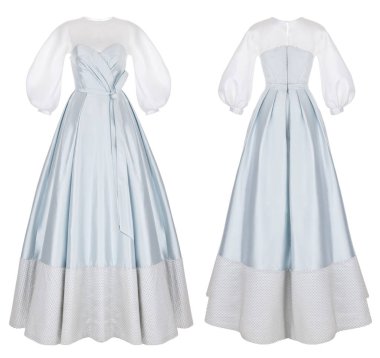 Lüks pahalı düğün uzun elbise, hassas mavi renk, payetler, taş, pul ve dantel dekor, hayalet manken, ön ve arka görünüm, kırpma, izole üzerinde beyaz arka plan