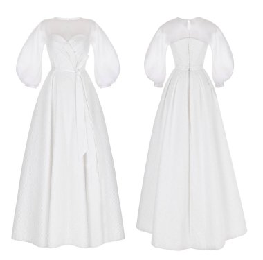 Lüks pahalı beyaz longsleeved gelinlik, hassas renk, payetler, taş, pul ve dantel dekor, hayalet manken, ön ve arka görünüm, kırpma, izole üzerinde beyaz arka plan