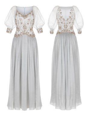 Lüks pahalı gri renkle altın düğün uzun elbise, narin, payetler, taş, pul ve dantel dekor, hayalet manken, ön ve arkadan görünüm, kırpma, beyaz arka plan üzerinde izole