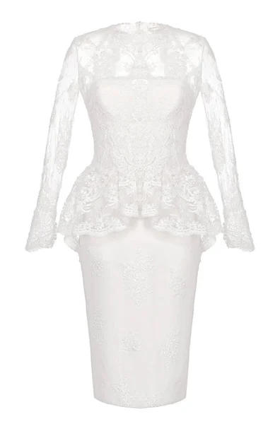 Luxurious Long Beautiful White Ivory Wedding Dress Chiffon Lace Blins — стоковое фото