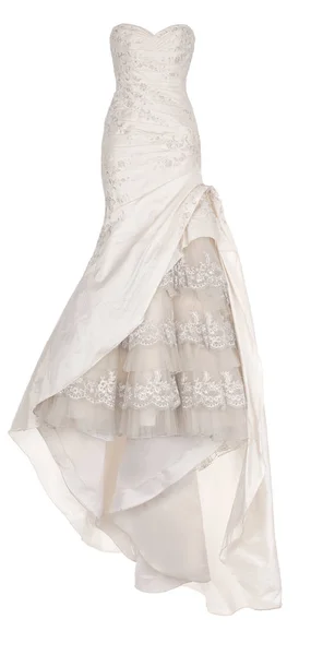 Lüks uzun güzel beyaz, Fildişi gelinlik, şifon, dantel ve parıltıyla, hayalet manken, kırpma, beyaz arka planda izole