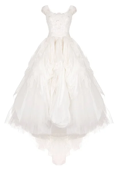 Lüks uzun güzel beyaz, Fildişi gelinlik, şifon, dantel ve parıltıyla, hayalet manken, kırpma, beyaz arka planda izole