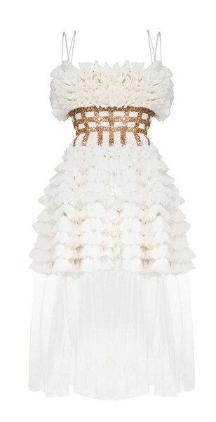 Роскошное красивое свадебное платье тонкого оттенка, с шифоном, золотым декором, кружевом и блестками, манекеном-призраком, вырезом, изолированным на белом фоне
