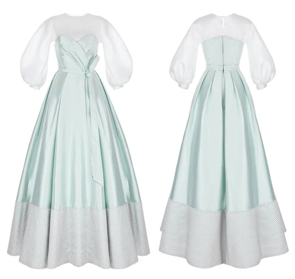 Lüks pahalı düğün uzun elbise, payetler, taş, pul ve dantel dekor, hassas Turkuaz rengi hayalet manken, ön ve arka görünüm, kırpma, izole üzerinde beyaz arka plan