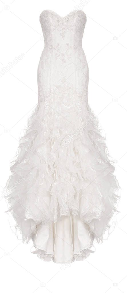 Luxurious long beautiful white, Ivory wedding dress with chiffon, lace and sequins, ghost mannequin, clipping, isolated on white background