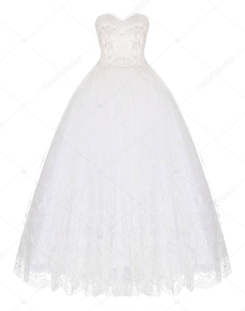 Luxurious long beautiful white, Ivory wedding dress, with chiffon, lace and sparkles, ghost mannequin, clipping, isolated on white background