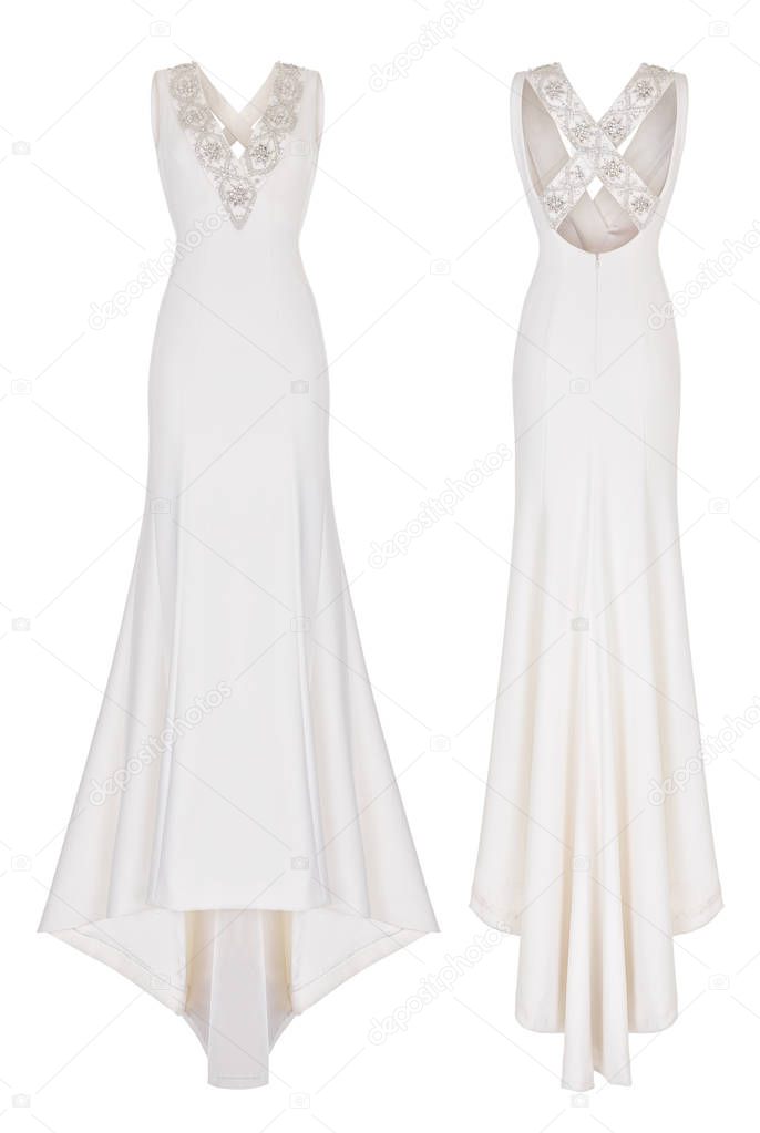 Luxurious expensive white wedding long dress, delicate color, with sequins, stones, sequins and lace decor, ghost mannequin, front and back view, clipping, isolated on white background