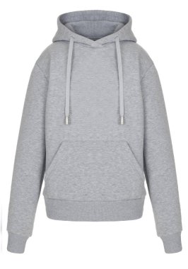Güzel gri baskısız uzun kollu hoodie, boyun, boş, hayalet manken, önden görünüm, mock-up yuvarlak