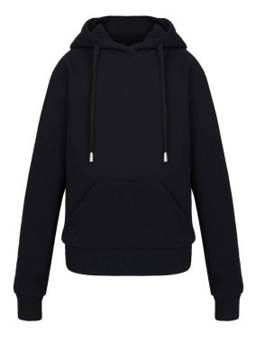 Güzel siyah baskısız uzun kollu hoodie, boyun, boş, hayalet manken, önden görünüm, mock-up yuvarlak